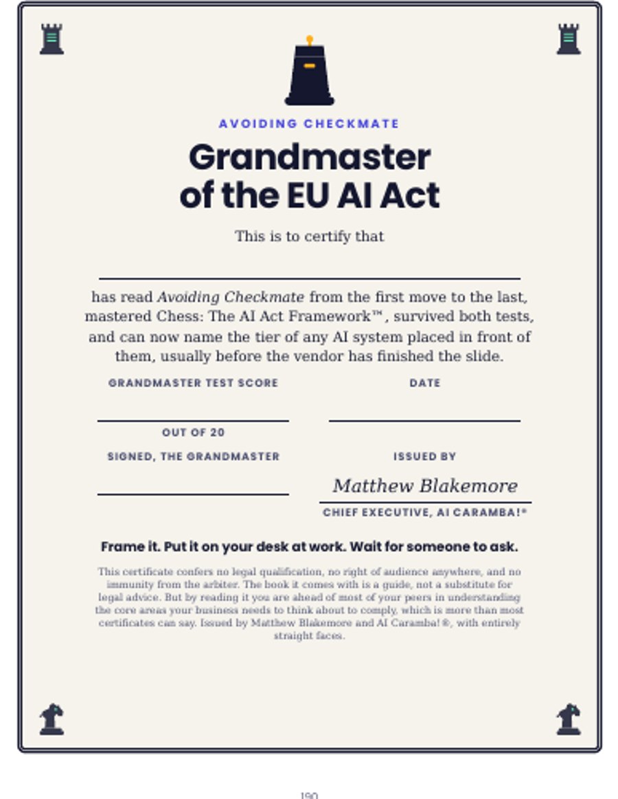 The Grandmaster of the EU AI Act certificate from the back of the book