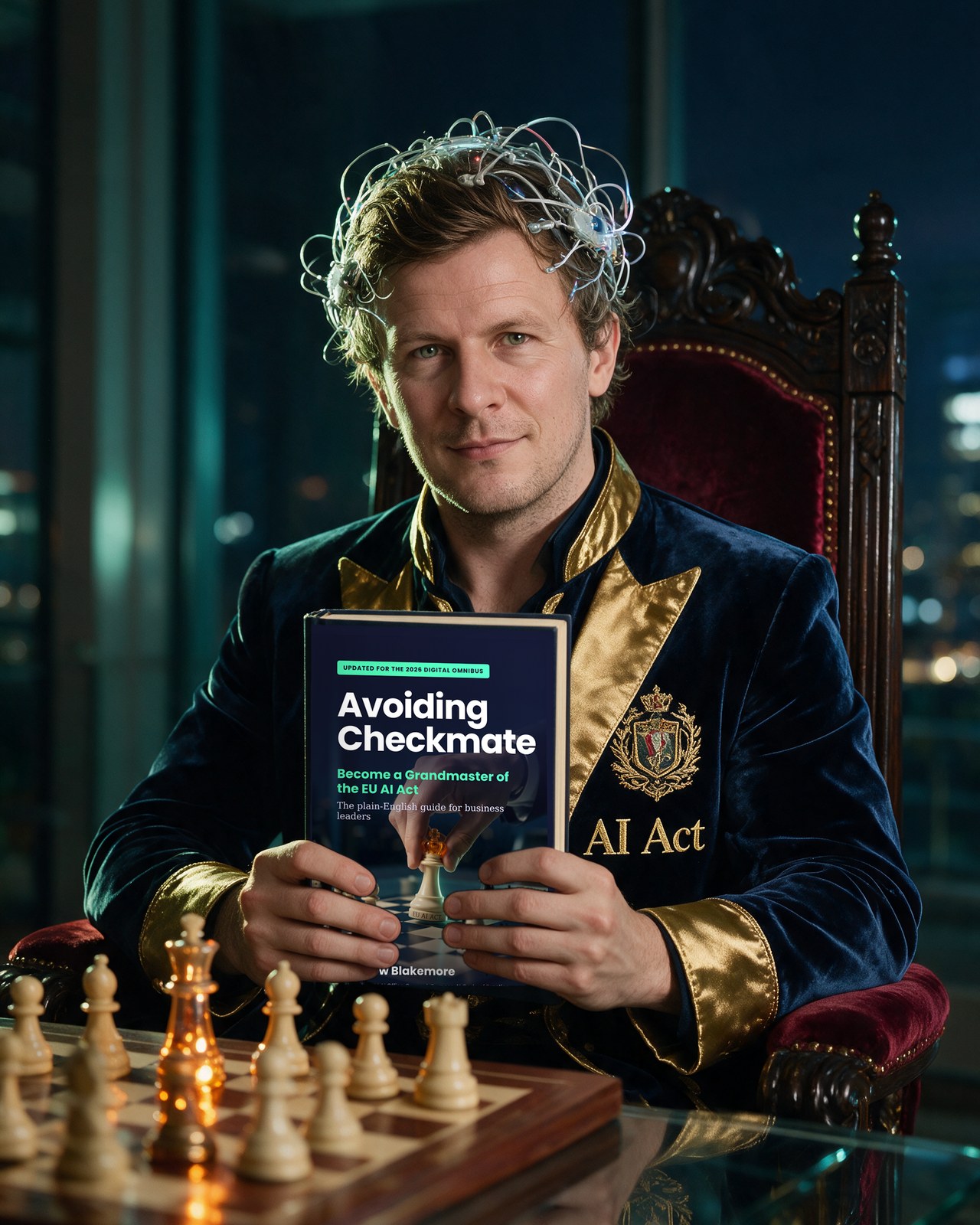 Matthew Blakemore, at a chessboard, holding his book Avoiding Checkmate: Become a Grandmaster of the EU AI Act